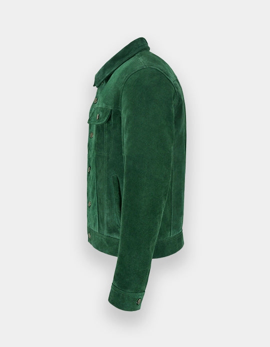 Men's Green Suede Leather Shirt - Handmade Sheepskin Jacket Shirt, Trucker Suede Jacket
